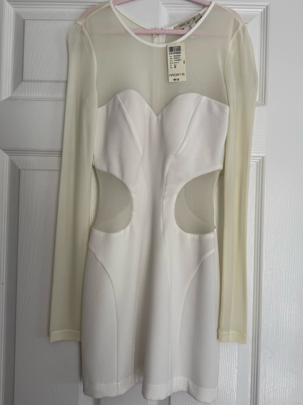 Arden B White Long-Sleeve Sheer-Panel Cutout Dress